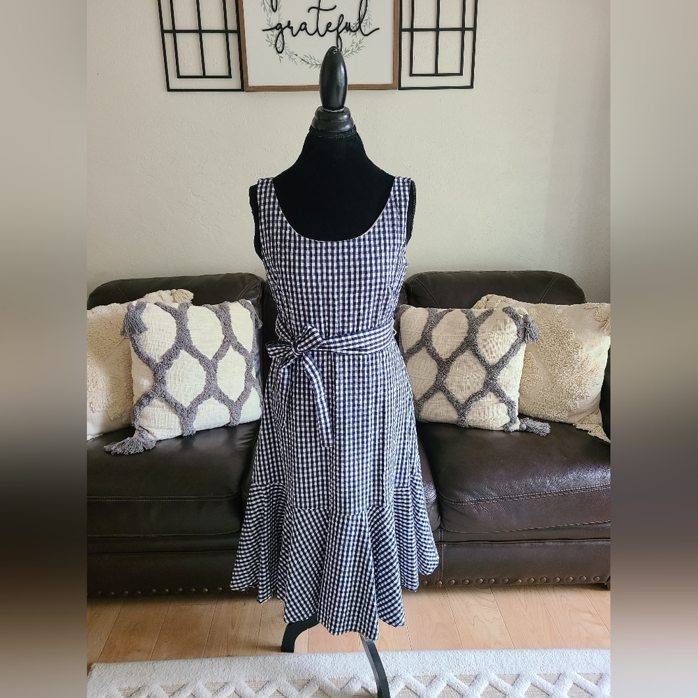 J. Crew Gingham Ruffle Hem Midi Dress Navy-White Women's Size 10